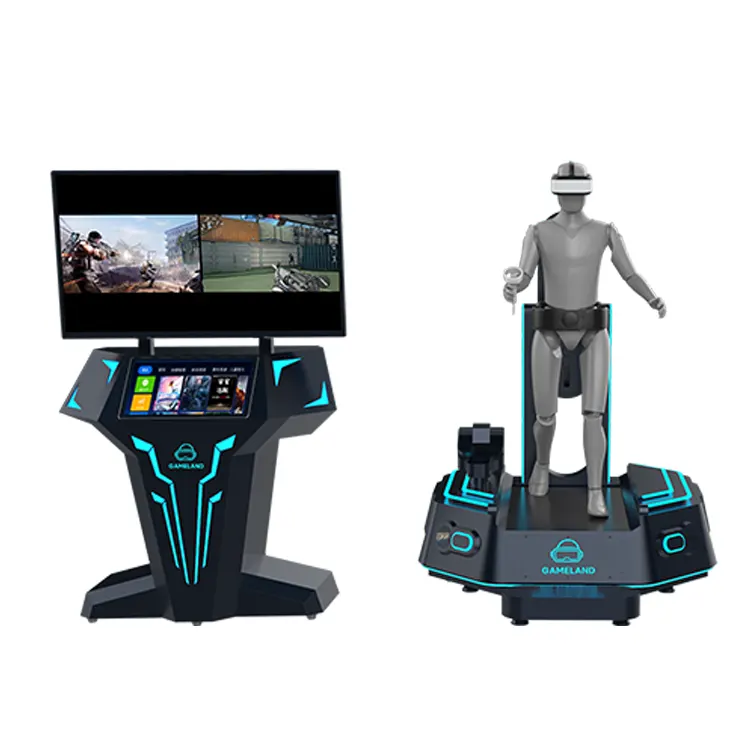 Close-up of VR treadmill machine base, safety harness and support frame