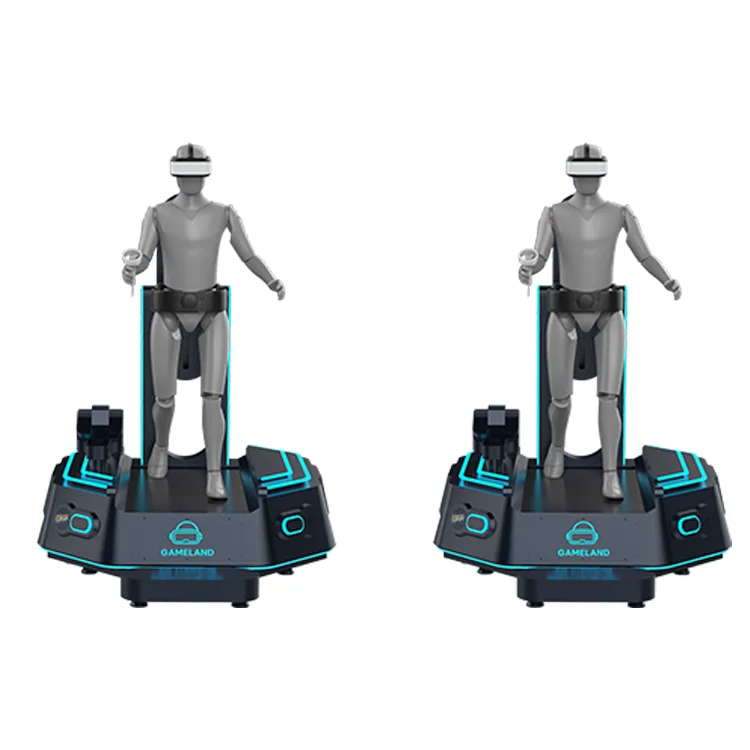 Player using a VR treadmill machine with VR headset for immersive gaming