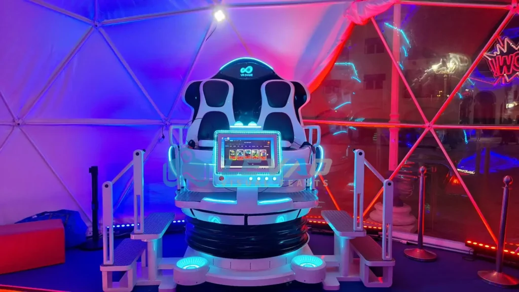 4-seat VR virtual cinema motion platform with 9D immersive headsets in an arcade showroom