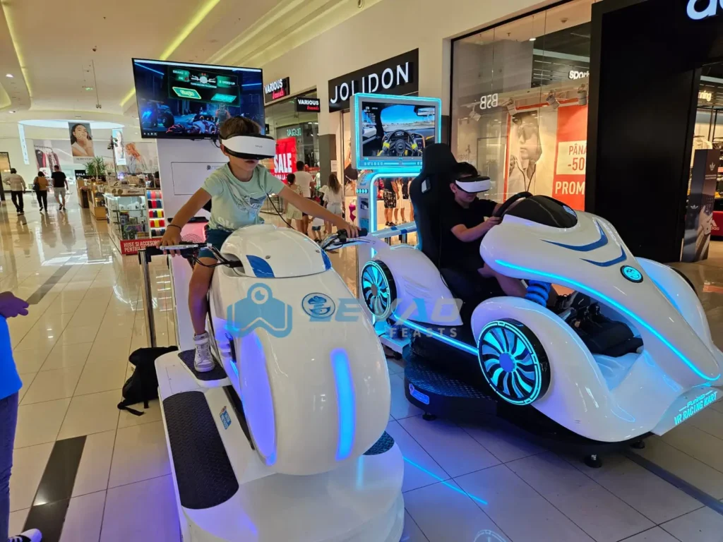 Close-up of VR racing simulator steering wheel, pedals and racing seat