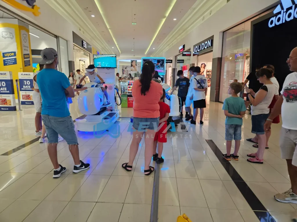 VR racing simulator full view with racing seat, steering wheel and VR headset