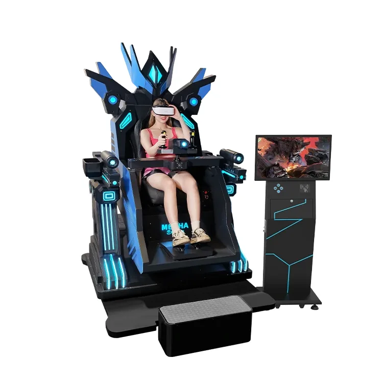 VR shooting simulator with gun controller and VR headset in arcade setting