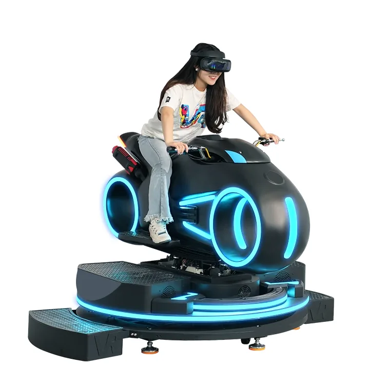 VR motorbike simulator with racing seat and VR headset on motion base