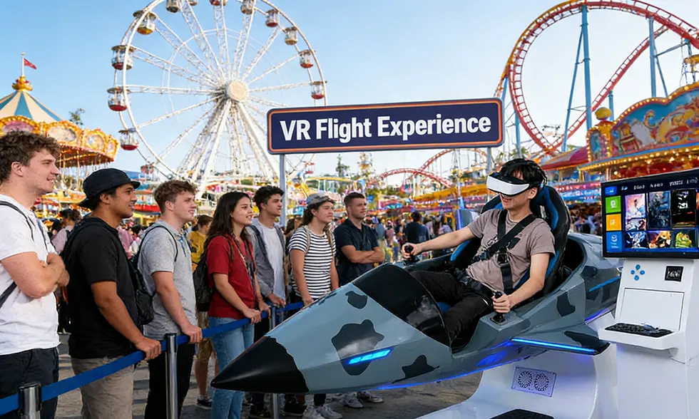 Player experiencing a commercial VR flying simulator with motion cockpit seat in an arcade venue