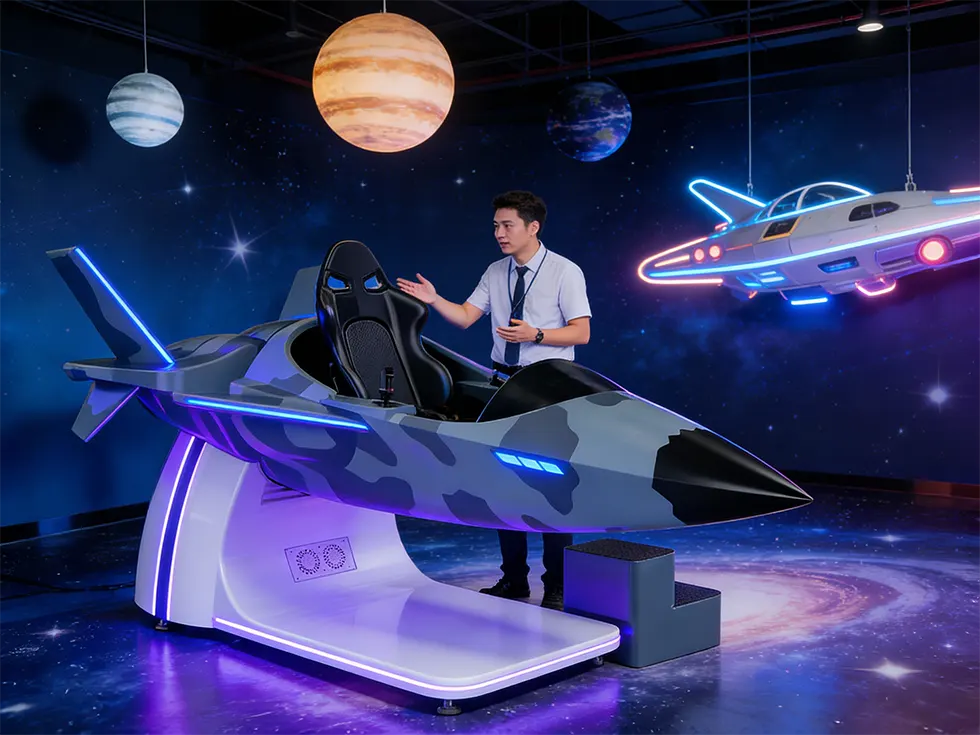 Staff assisting a player with a Levao 9D VR flight simulator in a commercial VR arcade