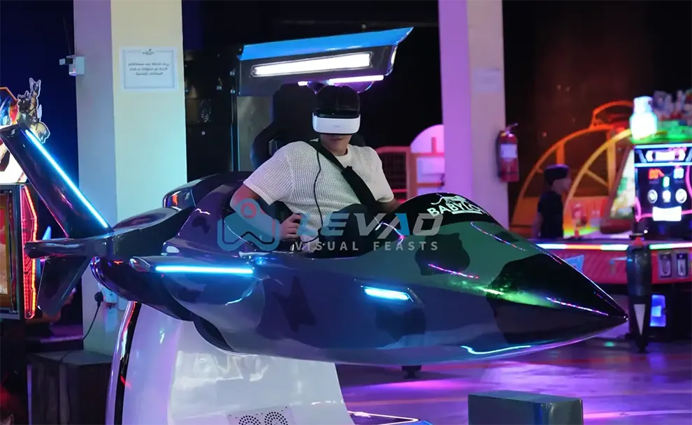 Player using the best VR flight simulator with VR headset in a commercial venue