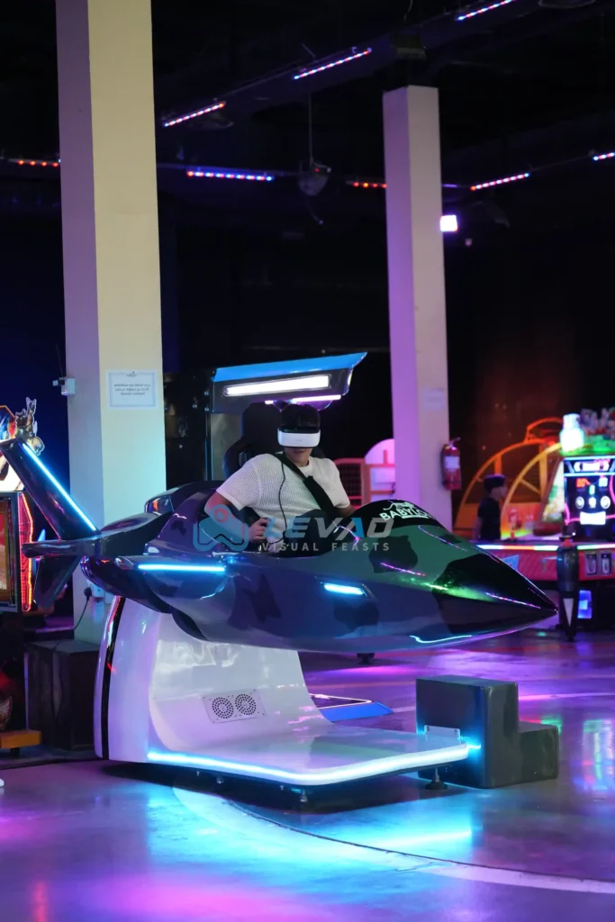 Player using the best VR flight simulator with VR headset in a commercial venue