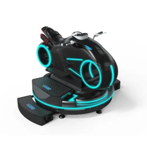 Player riding a VR motorbike virtual reality ride drive simulator with VR headset
